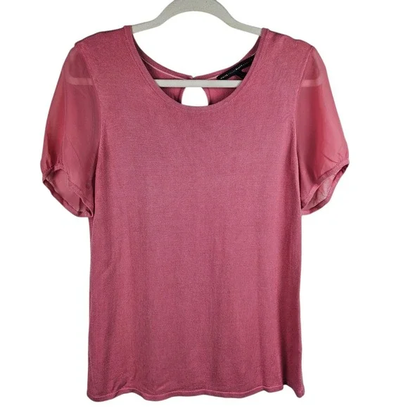 White House Black Market Womens Knit Top‎ Pink Sheer Sleeve Keyhole Back L - Picture 11 of 11